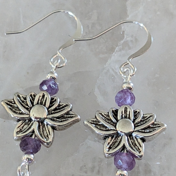 Amethyst and Ametrine Lotus Earrings - Picture 2 of 5